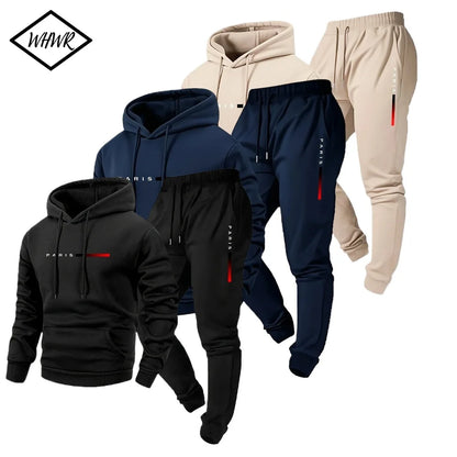 Men's Fleece Warm Hoodies Sets PARIS Printing Tracksuit Autumn Winter Casual Hooded Sweatshirt Drawstring Pants Running Suit.
