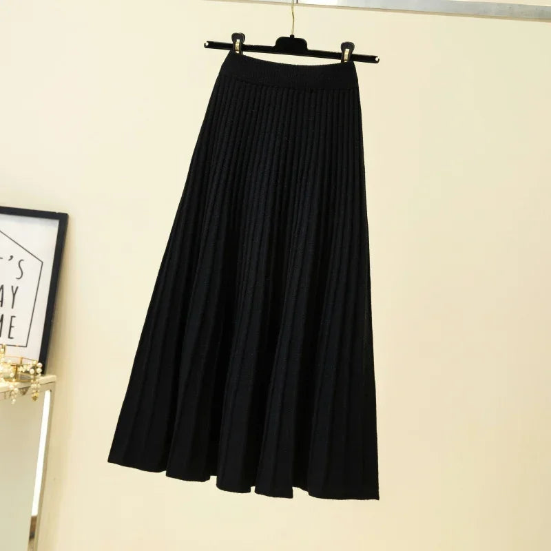 2025 Brand Designer Women Autumn Winter Thick Elegant Chic Solid Pleated Skirt High Waist Luxury Fashion With Elastic Female