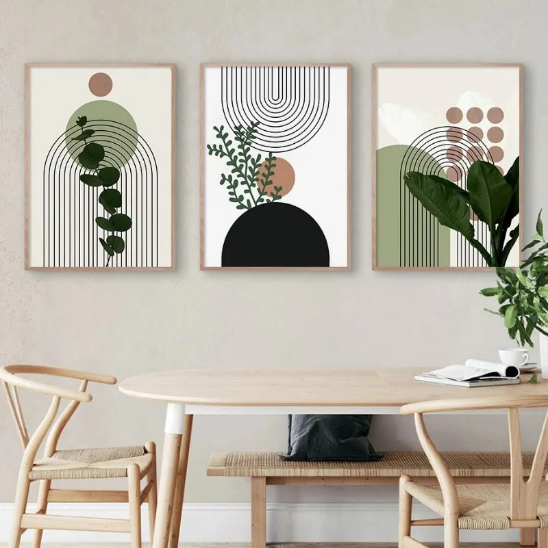 3 Pieces Bohemian Light Frameless Canvas Painting Simple Green Leaves Plant Poster Simple Lines Bedroom Decorative Wall Art.