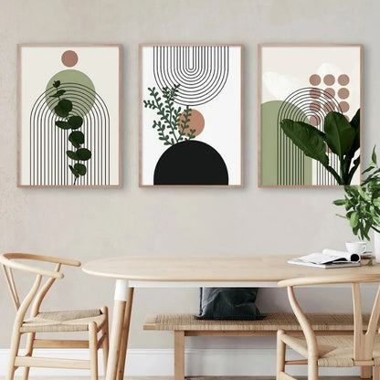 3 Pieces Bohemian Light Frameless Canvas Painting Simple Green Leaves Plant Poster Simple Lines Bedroom Decorative Wall Art.
