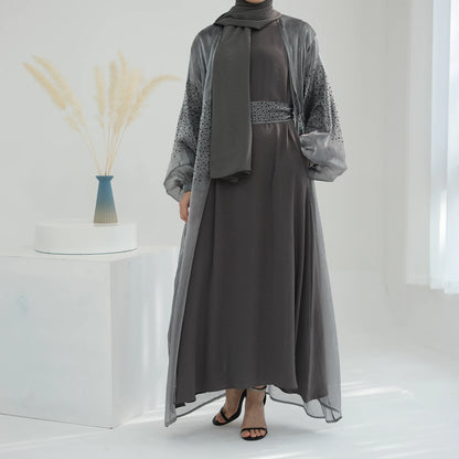 Oem New Design Shinning Polyester Open Abaya and Inner Dress 2 Piece Abaya Set Islamic Clothing Women Muslim Dress.