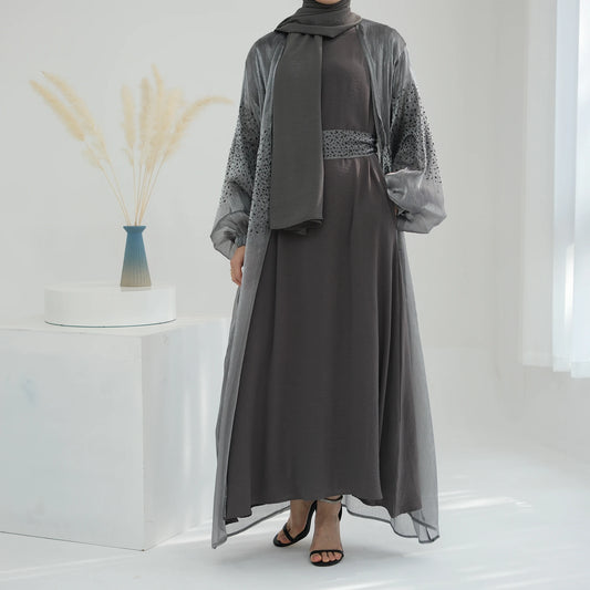 Oem New Design Shinning Polyester Open Abaya and Inner Dress 2 Piece Abaya Set Islamic Clothing Women Muslim Dress.