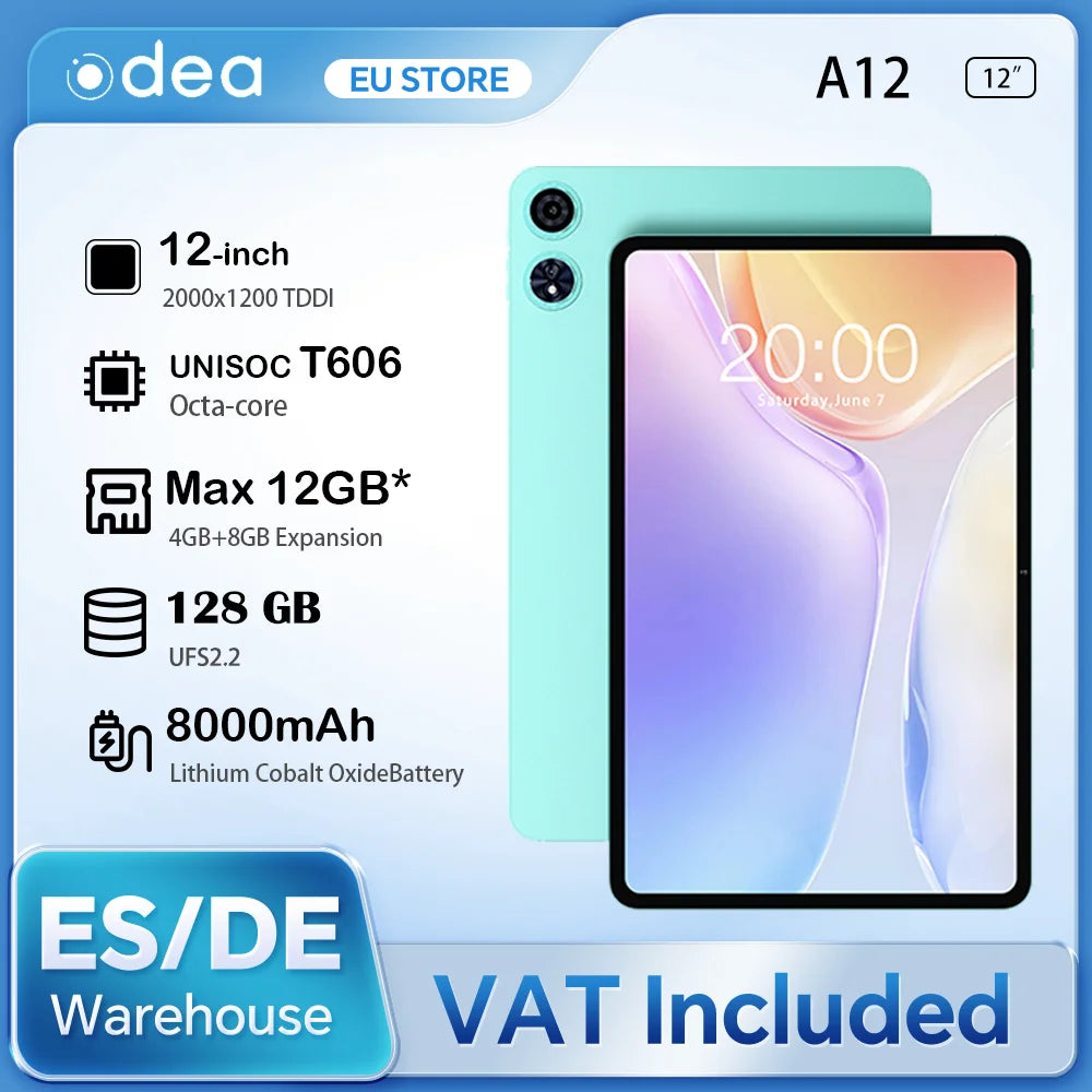 Odea A12 Android 14 Tablet, T606 8-core, 4GB+8GB RAM 128GB ROM, 12 inch 2000x1200 Display, 8000mAh, Widevine L1, 13MP Camera.