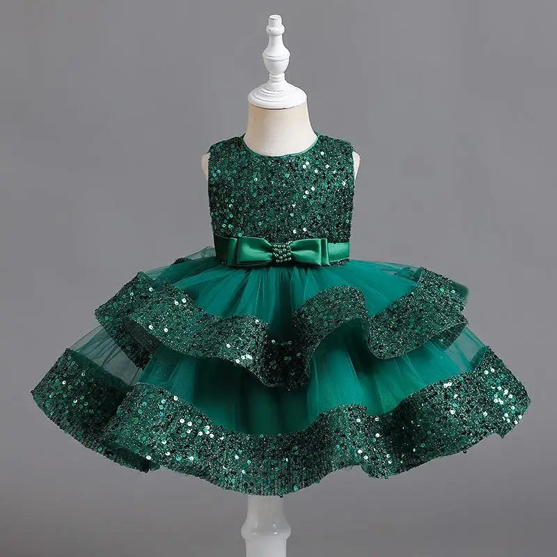 Sommer Neue Perlen Fliege Pailletten Mesh Kinder Ärmelloses Abendkleid Schule Abschlussfeier Multi Layered Kleid.