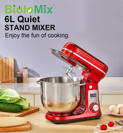BioloMix BM601 1200W Kitchen Food Stand Mixer, Cream Egg Whisk, Cake Dough Kneader, 6L Capacity, Stainless Steel Bowl.