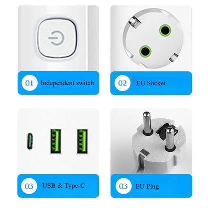 EU-Stecker-Steckdosenleiste, 2/3/4/5 Positionen, unabhängige Steuersteckdose mit 2 USB-Anschlüssen, 1 Typ-C-Anschlüsse, 2 m Verlängerungskabel, Steckdosen.