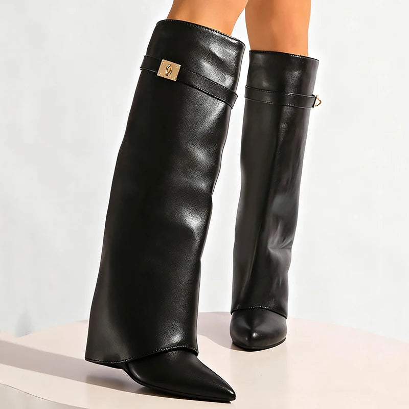Black Pu Leather Knee High Boots Women Sexy Pointed Toe Straight Leg Boots Woman Punk Style Wedge High Heels Long Botas Mujer.
