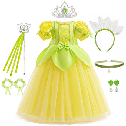Tiana Fancy Prinzessin Kleid für Mädchen Geburtstag Party Kostüm Kinder Rollenspiel Ballkleid Kinder Karneval Performance Kleidung.