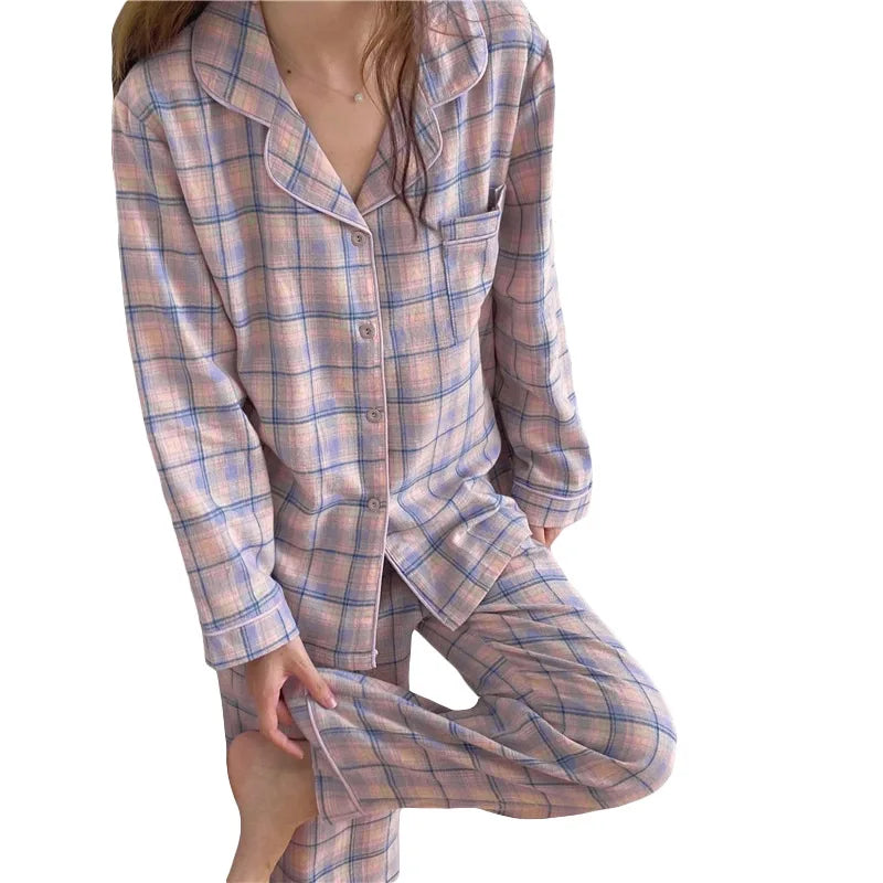 Pajamas Female Autumn and Winter Long-Sleeved Sweet Homewear Two-Piece Tide Cardigan Lapel Plaid Homewear 1.