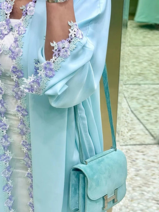 Muslim Women Dubai Abaya Bow Embroidery Blue Cardigan Long Dress Kaftan Ramadan Robe Femme African dresses Islam Clothing Kebaya.