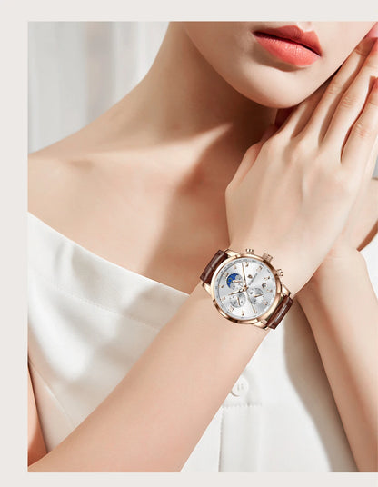LIGE Luxury Fashion Women Watch Leather Strap Waterproof Casual Sport Quartz Wristwatch 24 hour Moon Phase Clock Watch for Women.