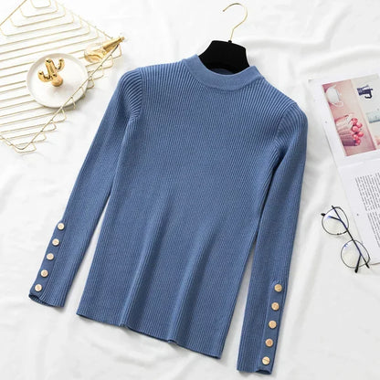 2025 Female Slim Knitted Soft Jumper Tops Autumn Winter Women Casual Sweater Pullovers Button Long Sleeve O-neck Chic Sweater