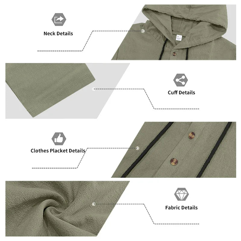 Cross-border Autumn Linen Men's Casual Suit Loose Hooded Henley Shirt Long Sleeve Pants Suit