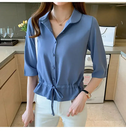 Summer Women All-match Solid Turn-down Collar Half Sleeve Chiffon Shirt Fashion Casual Shirring Single-breasted Blouses Female.