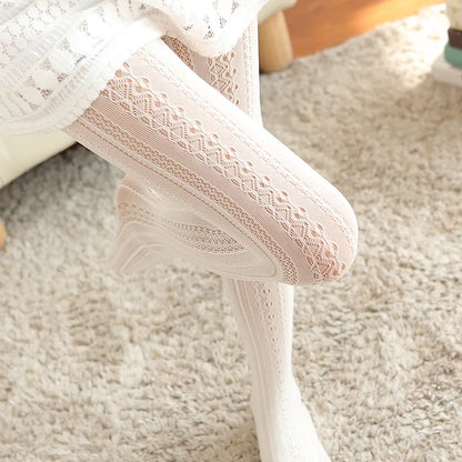 Sexy Lace Knitted Cotton Tights Women Girls Autumn Hollow Out Striped Stockings Hot Selling Female Solid Lolita Pantyhose