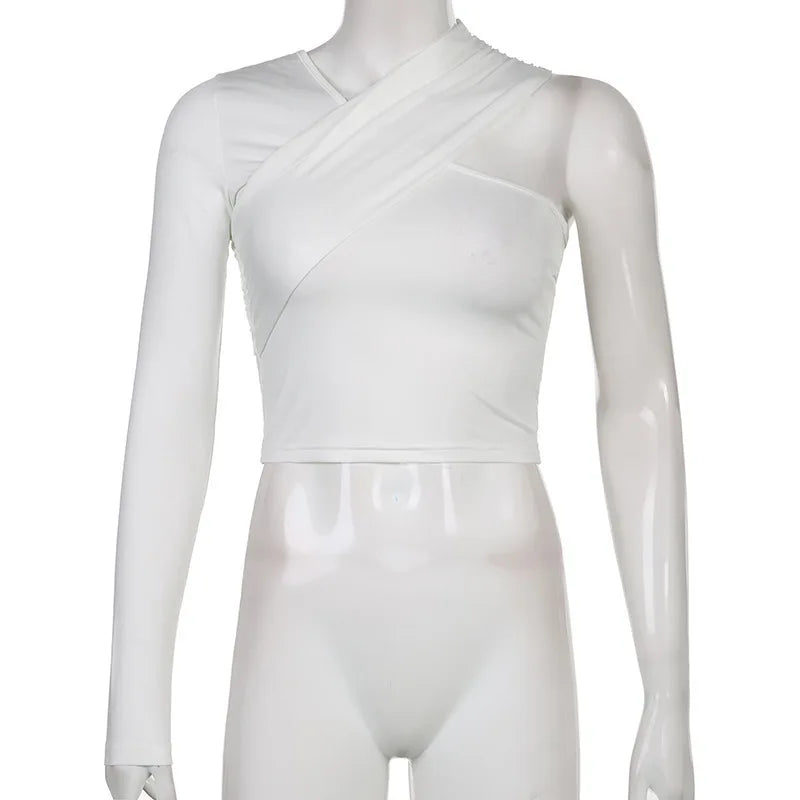 Personalized Street Hottie Single Shoulder Solid Color Top Sexy Off-the-shoulder Slim-fitting Long-sleeved Bottoming Shirt.