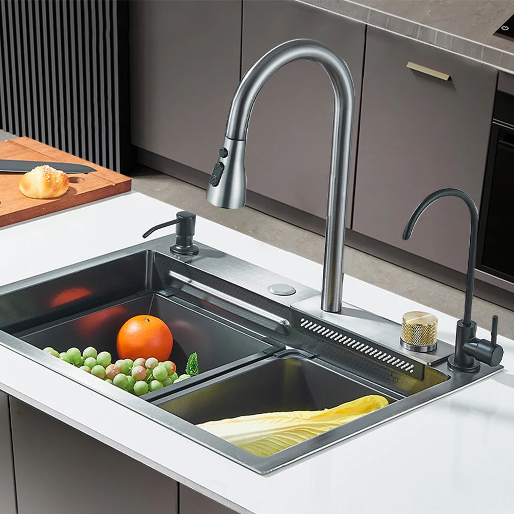 304 Stainless Steel Waterfall Kitchen Sink Large Single Slot with Chopping Board Cup Washer