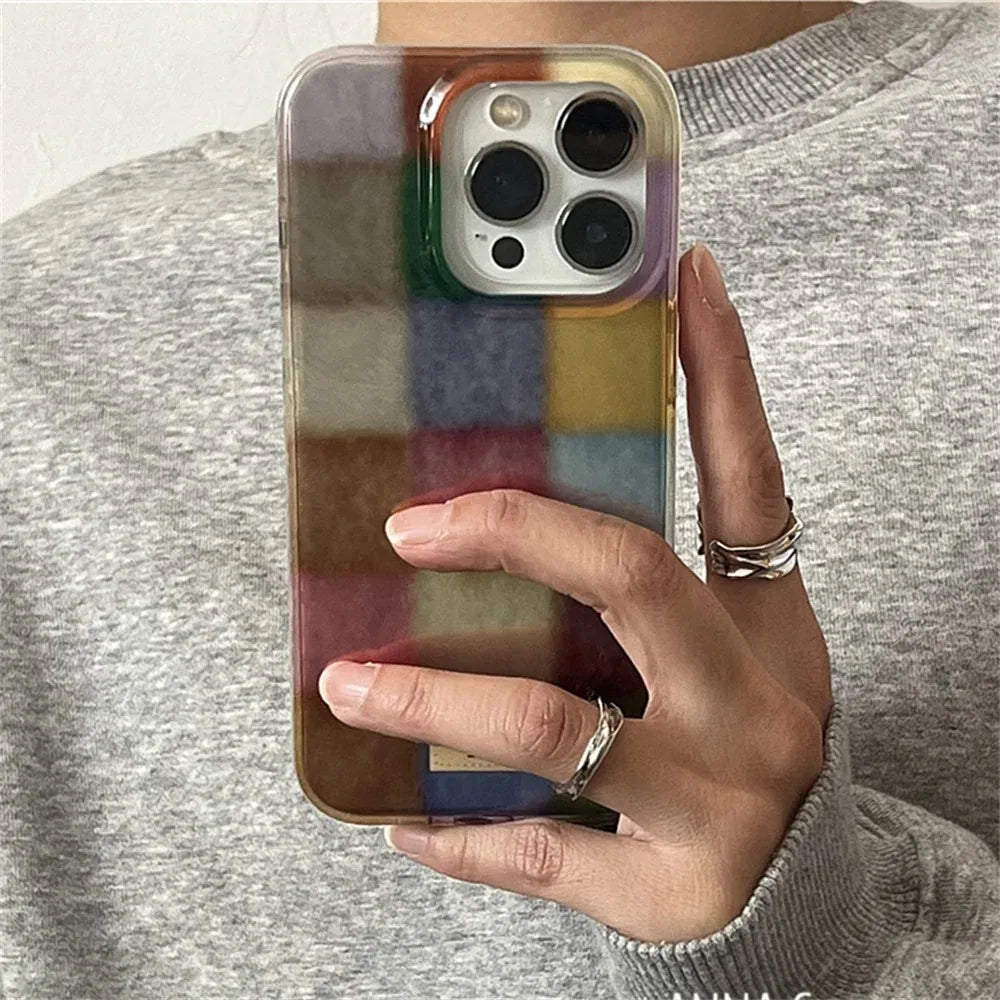 Cute Dopamine Color Block Match Plaid Clear Case For iPhone 17 16 15 14 13 12 11 Pro Max XS XR X 7 8 Plus Checkered Soft Cover.
