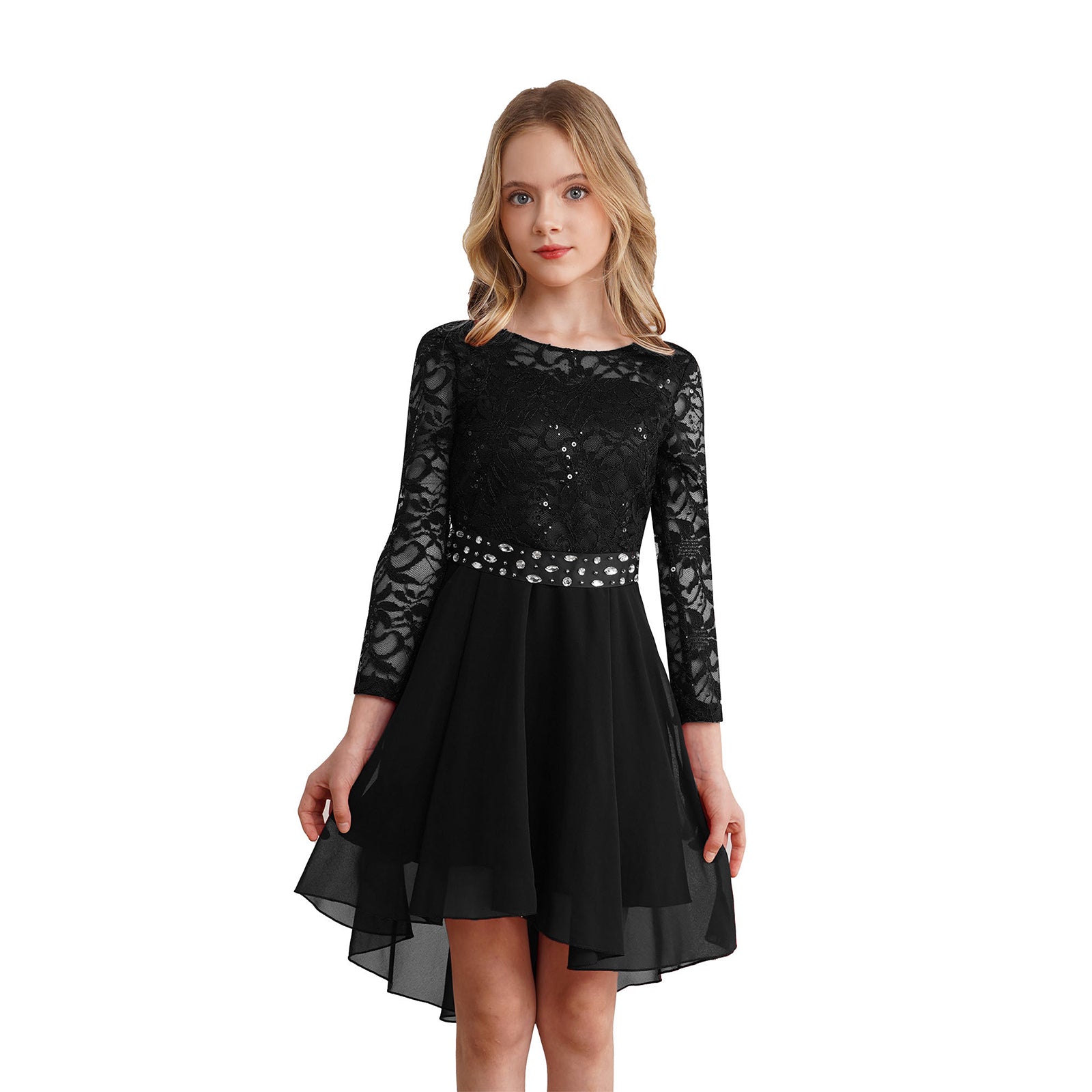 Elegantes Spitzen-Partykleid für Kinder, Mädchen, Chiffon, Spleißen, langärmelig, Kleid mit hohem und niedrigem Saum und Strass-Schärpe für Hochzeit, Geburtstag.