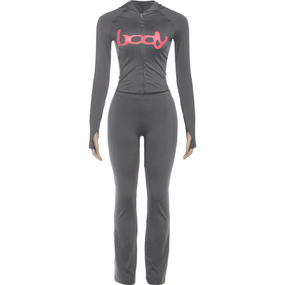 Weird Puss Letter Print 2 Piece Set Women Tracksuit Hooded Jacket+Leggings Matching Stretch Streetwear Casual Sporty Outfits.