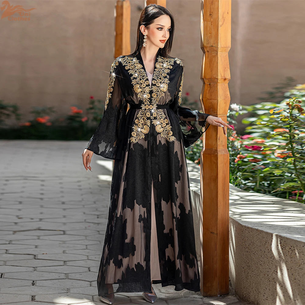 Fashion Lace Embroidered 2 Piece Set Robe Belt Abaya Dubai Kaftan Women Muslim Dress Morocco Caftan Ramadan Kebaya Jalabiya Gown.