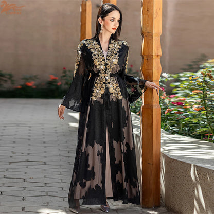 Fashion Lace Embroidered 2 Piece Set Robe Belt Abaya Dubai Kaftan Women Muslim Dress Morocco Caftan Ramadan Kebaya Jalabiya Gown.