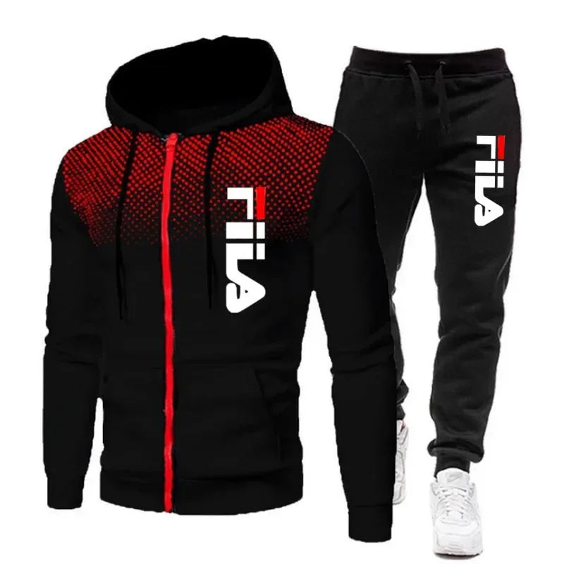New men's casual jogging fitness fashion sports clothing set autumn and winter printed zipper hoodie + two sets of stretch pants.