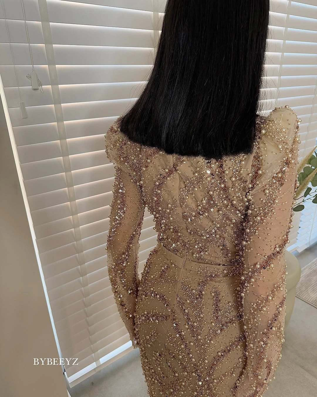 BABYONLINE Maßgeschneidertes Abendkleid All CoPearl Sleeve Full Crystals Etuikleid Abiye