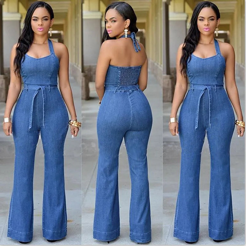 Temperament Women's One-piece Pants Sexy Fashion Jeans Ladies Slim Casual High Waist Jumpsuit With Belt Long Pants For Female.