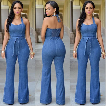 Temperament Women's One-piece Pants Sexy Fashion Jeans Ladies Slim Casual High Waist Jumpsuit With Belt Long Pants For Female.