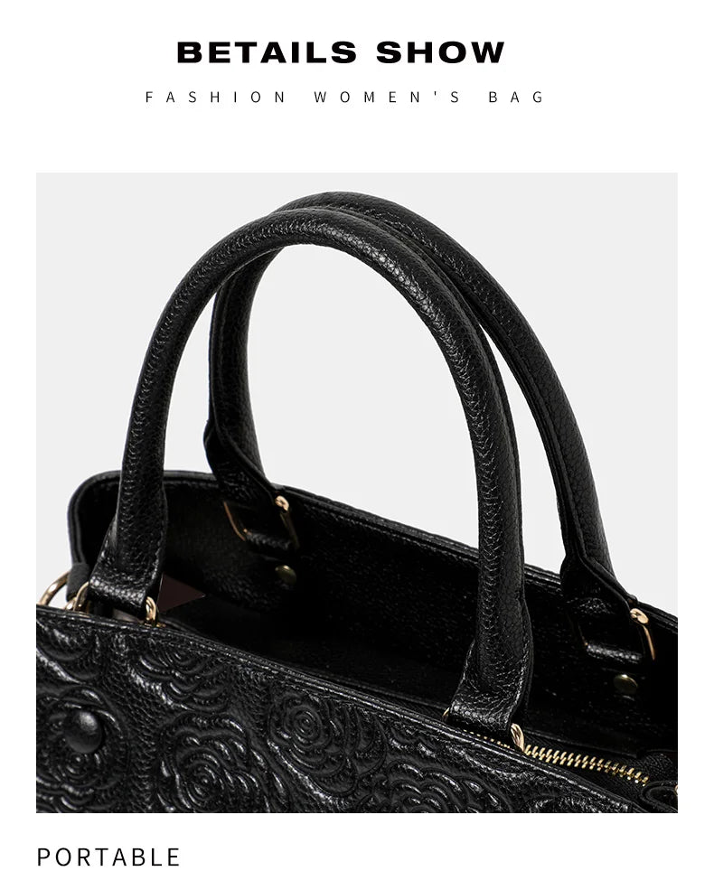 Leather handbag high sense handbag top layer leather rose pattern slung shoulder bag.