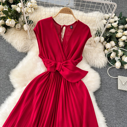 Französisch Vintage elegante Plissee Vneck Kleid A-Linie Mode Chiffon Frühling Herbst ärmellose Vestidos Frauen kleider