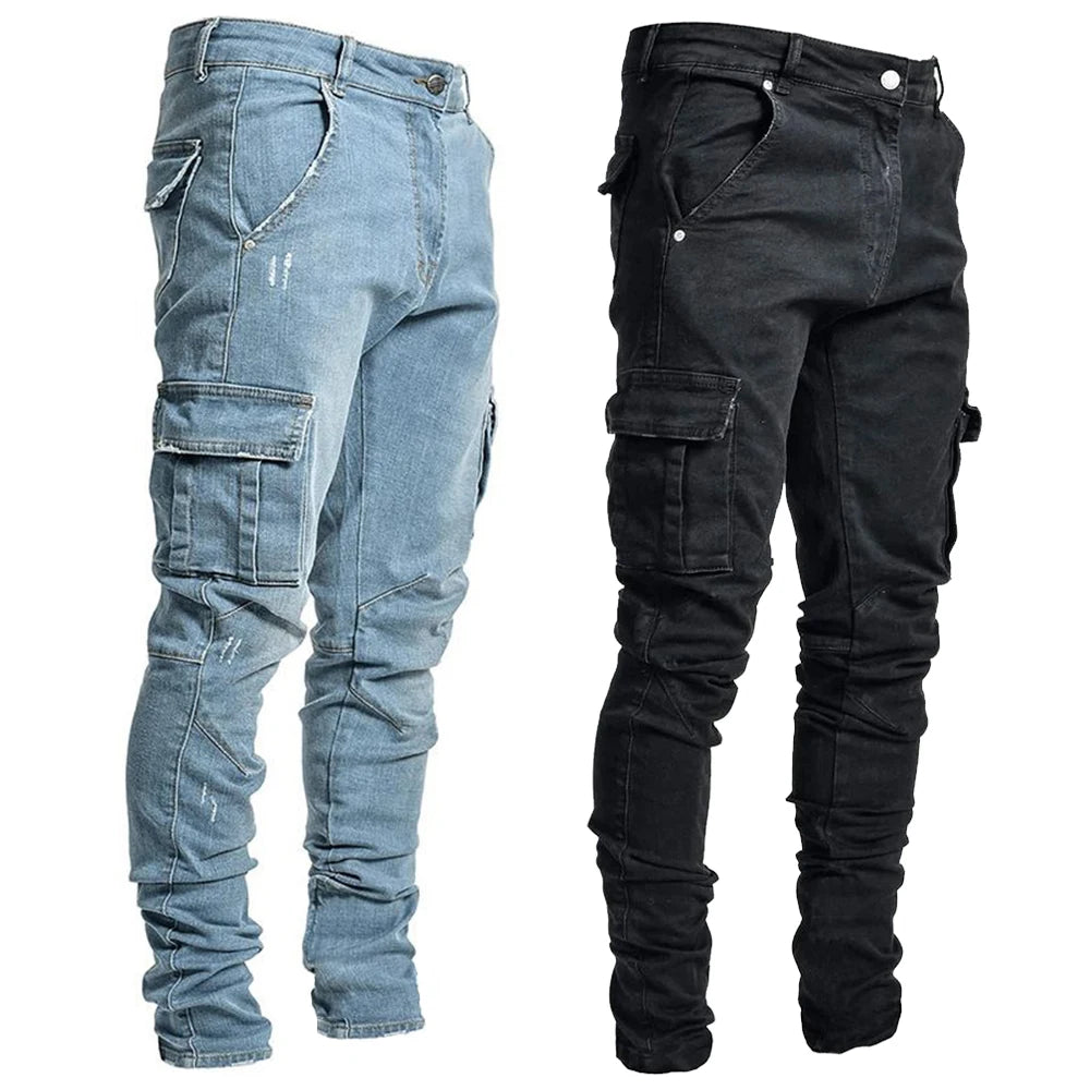 Street Elastic Jeans Men Denim Cargo Pants Wash Solid Color Multi Pockets Casual Mid Waist Trousers Slim Fit Daily Wear Joggers.