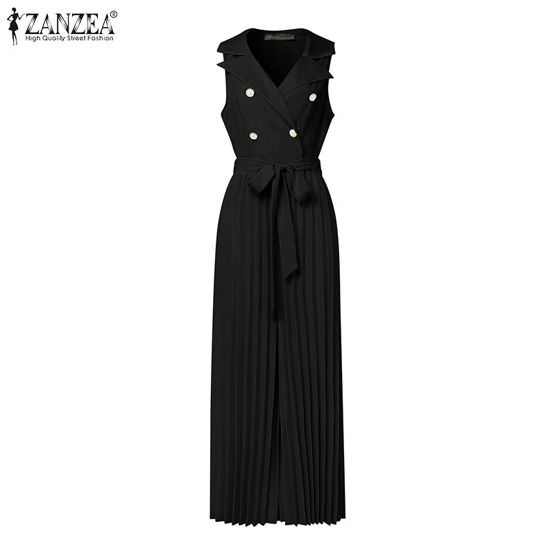 Fashion Women Jumpsuits 2025 ZANZEA Summer Rompers Elegant Wide Leg Work OL Overalls V Neck Sleeveless Pleated Playsuit Trousers