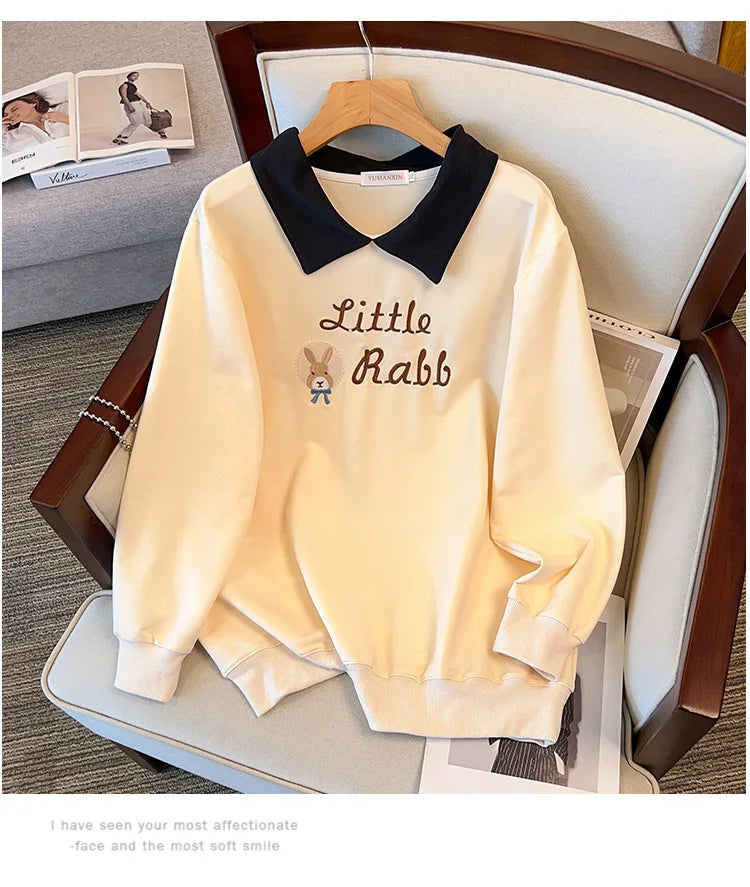 175kg plus size Damen büste Herbst lose Revers Sweatshirt Langarm lässig Top schwarz Aprikose 6xl 7xl 8xl 9xl 10xl 11xl.