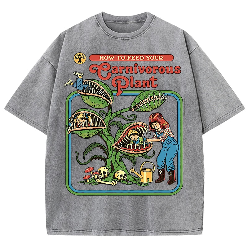 Earnivorous Plant Pattern Washed T-Shirts Men Breathable Cotton Casual T Shirt Soft Summer Comfortable Crewneck Short Sleeve.