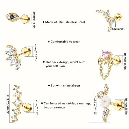 6Pcs 316 Stainless Steel Flat Back Spiral Ear Skull Stud Earrings,Shiny Cubic Zirconia Chain Screw Stud Piercing Jewelry Gifts.