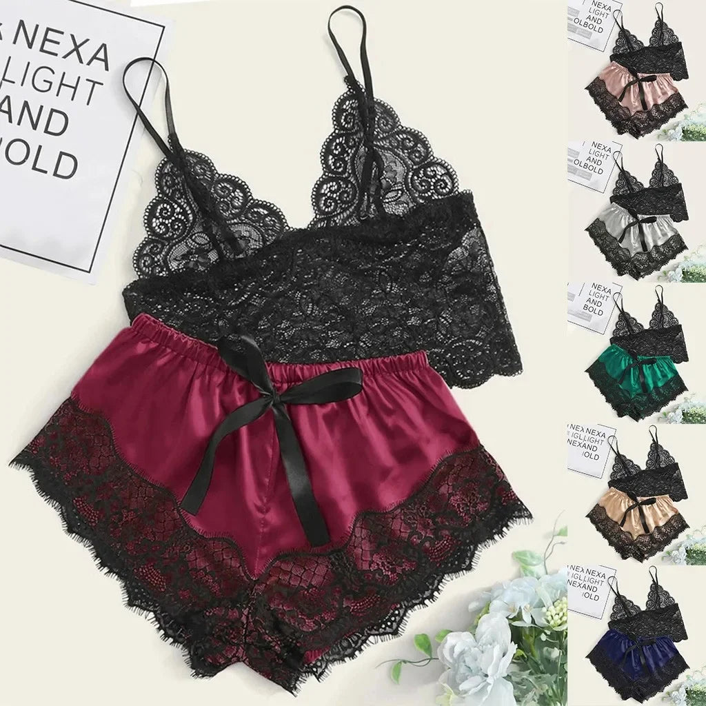 Weibliche Pyjama Sets Spaghetti Strap Top und Shorts Pyjamas Sexy Dessous Seide Satin Nachtwäsche Sommer Hause Tragen Frauen Schlaf Tuch.