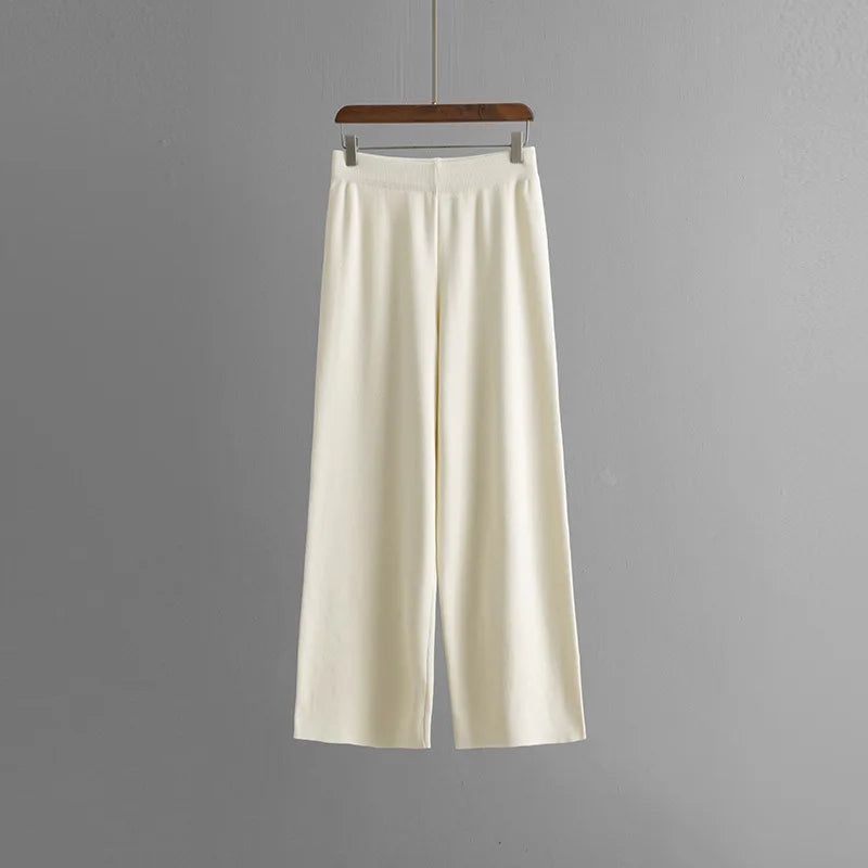 Muslim Women Knitting 2 Piece Sets Striped Sweater Pullover Top Wide Leg Pants Suit Outfits Knitwear Turtleneck Ensemble 2025