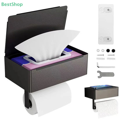 An der Wand montierter Toilettenpapierhalter mit Regal und Aufbewahrungsbox, Multifunktions-Tücherspender, passend für die Aufbewahrung von Badezimmer-Wischtuch
