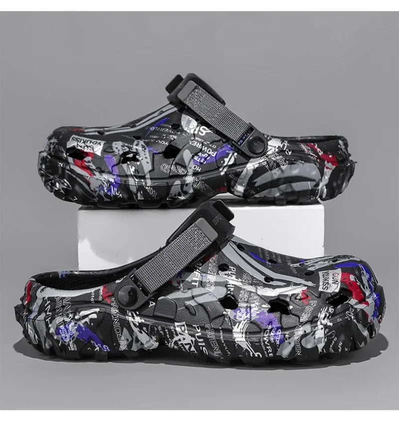 Plus Size 47 Men's Clogs 2025 Summer Sandals Beach Slippers Flat Sandals Men Leisure Slides Creative Printing Man Casual Shoes