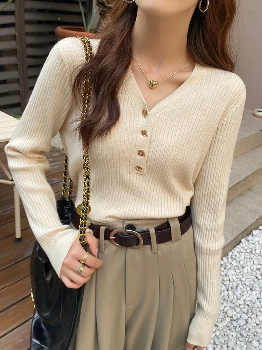 2025 Autumn Winter Women Sweaters Casual Slim Button Knitted Pullover Sweater Femme Basic Solid Jersey Tops Fashion Clothes.