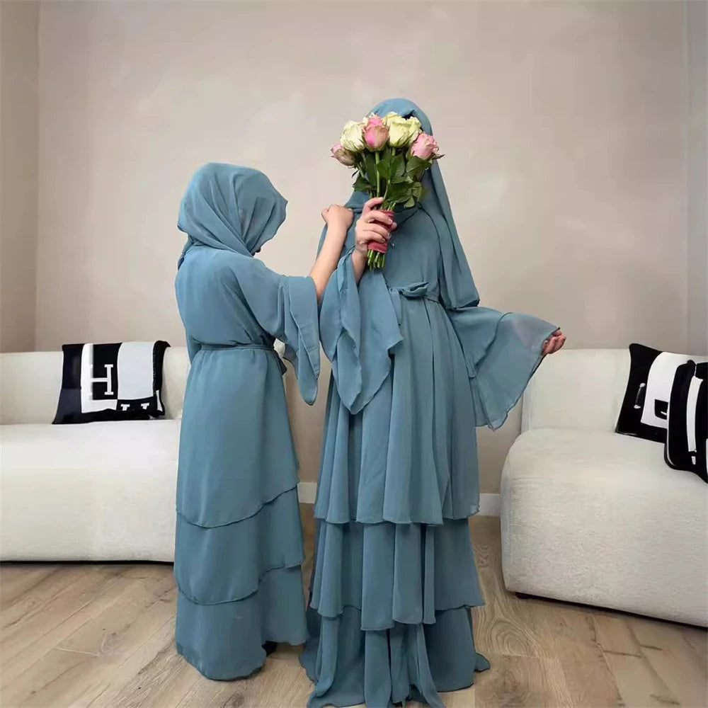 Summer Modest Kaftan Hijab Dresses For Women Kids Open Chiffon Khimar Kimono Abaya Dubai Luxury Muslim Sets Islam Kebaya Damen.
