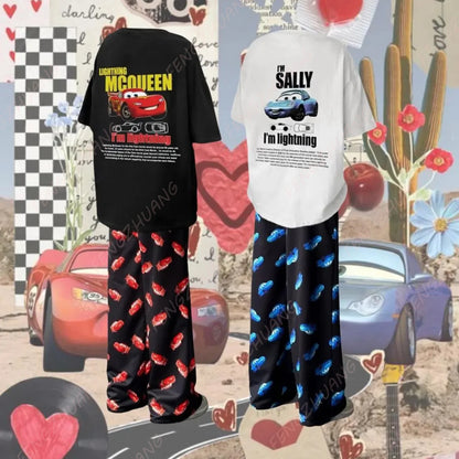2024 The Cars Lightning McQueen & SALLY T-shirt Long Trousers Set Unisex Valentine's Day gift Hot Sale Faddish Casual Set.