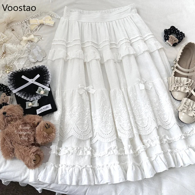 Mori Girl Style Lolita Midi Skirt Women Vintage Embroidery Lace Floral Bow Ruffles Long Skirts Female Prairie Chic Party Skirt.