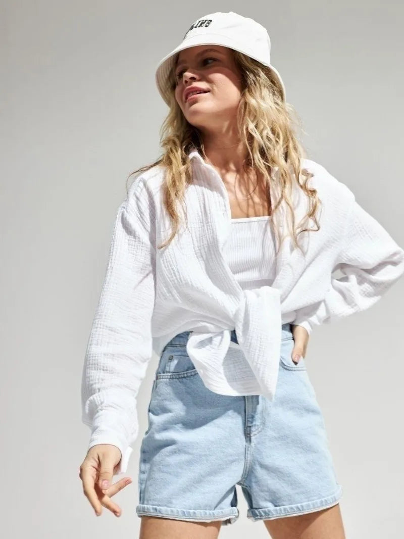 Muslin 100% Cotton Gauze Crepe For Women Shirts Blouse Turn Down Long Sleeve Single-Breasted Office Lady Loose Top Blusas Mujer.