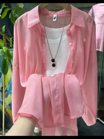 1pcs Woman Four Seasons Shirt Lady Thin Sunscreen Shirts Female Casual Long Sleeve Turn-down Collar Loose Med-Length Style Tops.