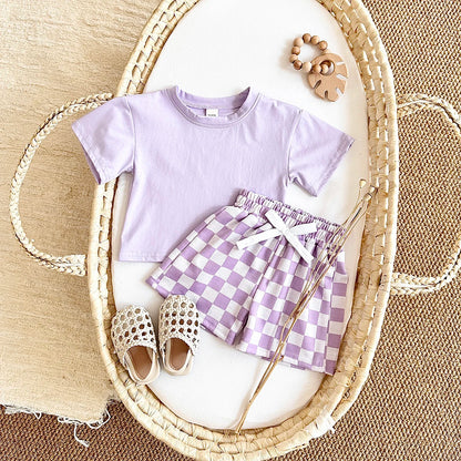 Ins Sommer Neugeborenen Jungen Mädchen Kleidung Baby Set Solide Kurzarm T-shirt + Schachbrett Shorts Baumwolle Casual 2PCS 0-3Y.