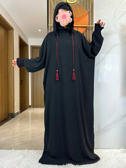Muslim Abaya Solid Cotton Pullover Two Hat Women Eid Hooded Long Maxi Dress Turkey Kaftan Arab Robe Islamic Hijab Dubai Clothing