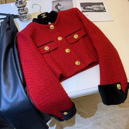 Mode Nähen Tweed Kurze Jacke Frauen Herbst Winter Elegante Büro Dame Mantel Y2K Koreanische O Neck Einreiher Crop Outwear.
